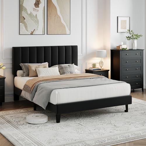 Black Platform Bed with Upholstered Head, view 4
