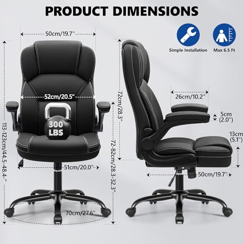 PU Leather Office Chair Desk Chair with Flip-up Armrests, Black, view 3