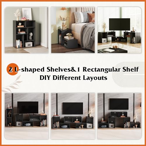 TV Stand, Deformable TV Stand with LED Strip, Modern Entertainment Center, Gaming Media 3 Pieces Console Cabinet for Living Room, Bedroom, Black