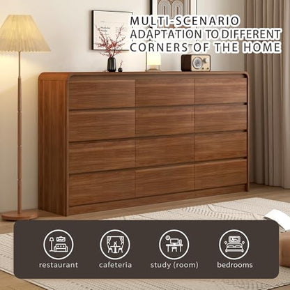 Modern 12-Drawer Dresser 63-Inch Wide, Curved Anti-Collision Design, Mid-Century Storage Cabinet with Pre-Embedded Slots, Sturdy Reusable, Ideal for Bedroom/Living Room/TV (Brown, 12-63)