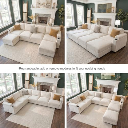 Sectional Couches for Living Room FSC Certified Velvet Modular Couch Oversized Cloud U Shaped Convertible Sleeper Sofa Chaise Detachable Armrest Cushion (Chenille Beige, L Shape 6 Seat)
