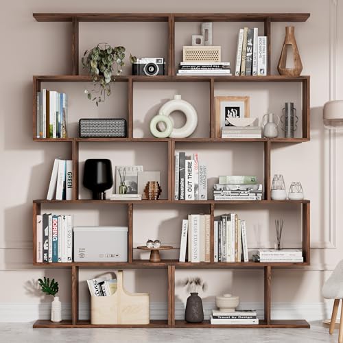 Set of 2 Geometric Bookcase, S-Shaped Modern Bookshelf, Room Divider Bookshelf, 62" Tall Unique Abstract Bookcase with 5-Tier Display Shelf for Living Room Office, Rustic Brown