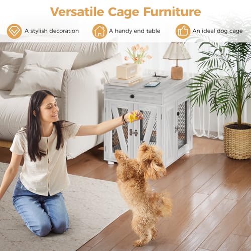 Wooden Dog Crate End Table with USB Charging Station, Gray, view 5