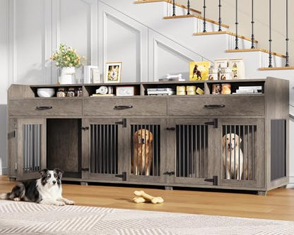 95" Farmhouse Large Dog Crate Furniture with 3-Room Indoor Kennel, view 2
