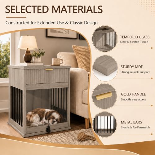3-in-1 Dog Crate End Table with Charging Station & Drawer (Antique Grey), view 7