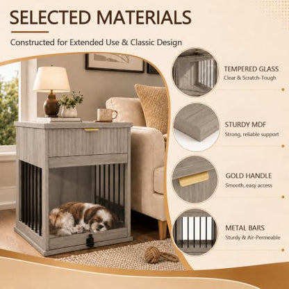 3-in-1 Dog Crate End Table with Charging Station & Drawer (Antique Grey), view 7