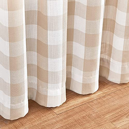 Pompom Buffalo Check Curtains Taupe and White Plaid Window Treatment Set 95 inch Rustic Farmhouse Curtain Drapes for Living Room Bedroom Kids Dorm 2pcs Rod Pocket