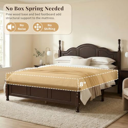 Dark Walnut Wood Bed Frame Queen Size with Wave Shaped Headboard, view 5