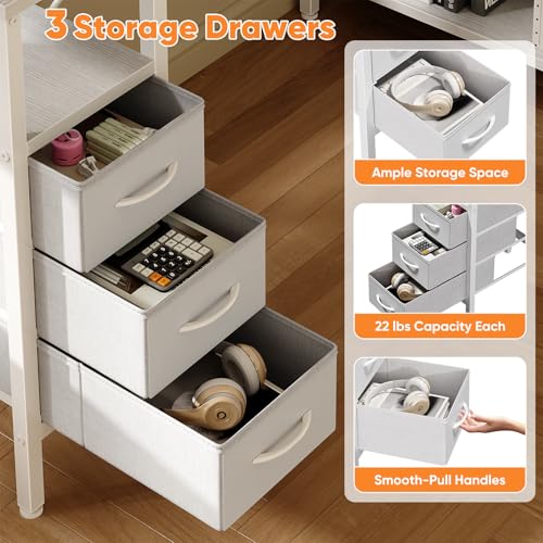 L Shaped Desk with Shelf Drawers 47 Inch, White Corner Computer Desks Gaming with Power Outlet, Study Table with Adjustable Shelves, Home Office Tables for Bedroom Teacher Reading Writing