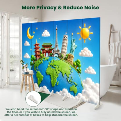 6 Panels Folding Screen Room Divider Whimsical World Landmarks Globe Vibrant Sky Clouds Boho Divider for Room Separation Portable Privacy Partition Screen Indoor