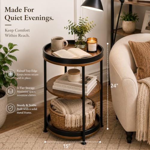 Side Table, Round End Table with 3 Storage Shelves for Living Room, Bedroom, Nightstand with Steel Frame for Small Spaces, Industrial Round Sofa Table, Outdoor Accent Coffee Table, Rustic Brown