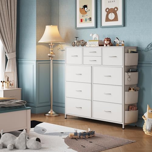 10 Drawer White Fabric Dresser for Bedroom, Side Pockets Chest, view 3