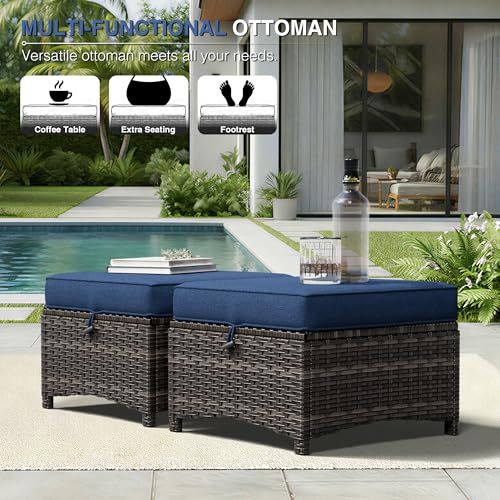 Outdoor Ottoman Set of 2, Patio Large Ottoman Foot Rest with Thickened Cushions, Outdoor Wicker Foot Stool for Porch, Deck Use