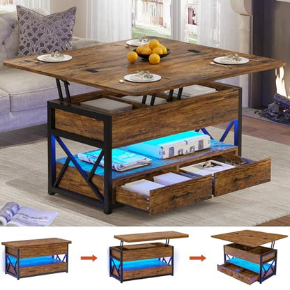 40" Lift Top Coffee Table, 4 in 1 Coffee Tables with Storage for Living Room, Small Farmhouse Coffee Table with 2 Drawers & LED Light for Dining Reception Room, Rustic Brown
