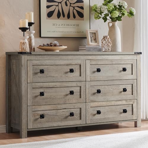 54" Wide Farmhouse 6-Drawer Dresser for Bedroom, Light Rustic Oak, view 4