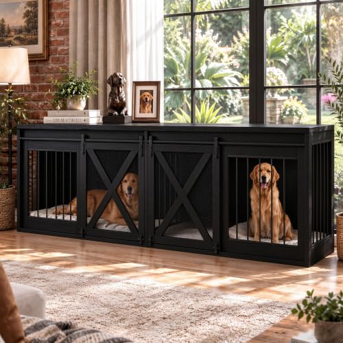 94.5in Double Dog Crate Furniture, Farmhouse Dog Kennel TV Stand, Black, view 2