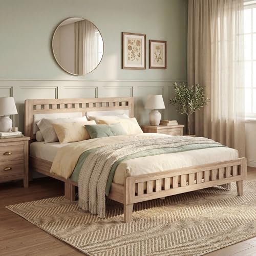 Queen Wood Bed Frame with Upholstered Headboard, view 4