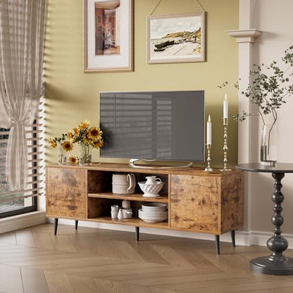 TV Stand for 65 Inch TV, Mid Century Modern TV Stand, Entertainment Center with Storage Cabinet and Open Shelves, TV Console Table Media Cabinet for Living Room, and Bedroom (Rustic Brown)