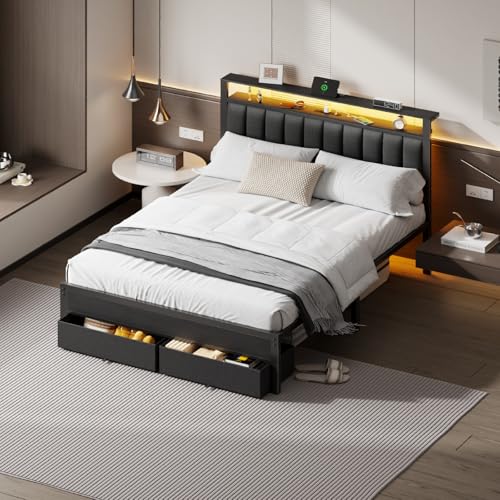 Queen Bed Frame with Storage Drawers and Upholstered Headboard, view 7