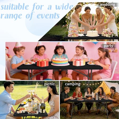 2 Pack 6 Feet Portable Folding Table Black, Steel Legs Fold-in-Half with Carrying Handle Rectangular Plastic Foldable Table for Party, Wedding, Camping, Picnic, Dining, Indoor Outdoor Events