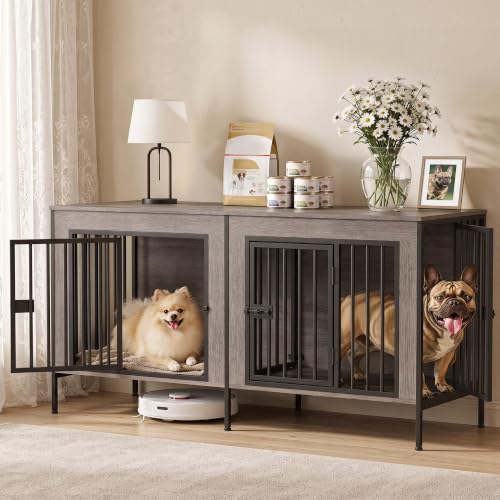 55" Wooden Double Dog Crate Furniture, Removable Divider, Oak Grey, view 2