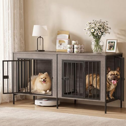 55" Wooden Double Dog Crate Furniture, Removable Divider, Oak Grey, view 2