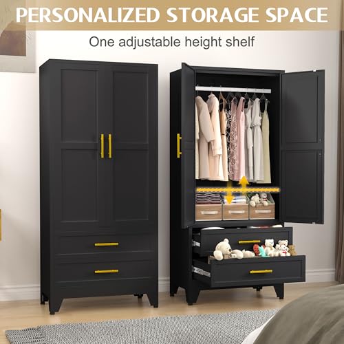 Metal Wardrobe Cabinet with 2 Drawers, 71" Clothing Storage Cabinets, view 4