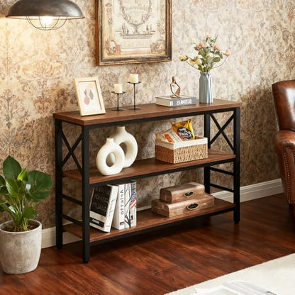 Sofa Table,Industrial Console Table with Storage,Entryway Table with Engineered Wood and Metal,Rustic 3 Tier Shelf for Living Room,Hallway,Brown,47 Inch