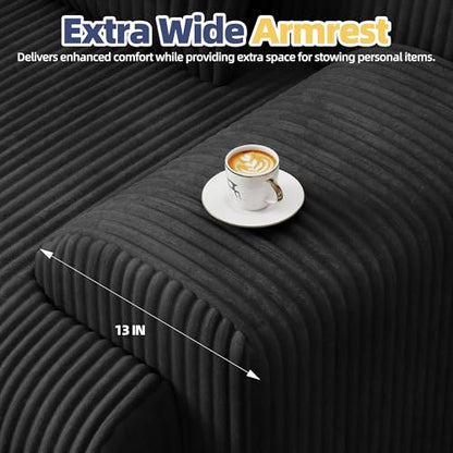 118" Modern L Shaped Modular Sectional Sofa, Boneless Cloud Couch with Ottoman, Oversized Corduroy Couch Deep Seat, 30D Sponge for Indoor Living Room, No Assembly Required(Black)