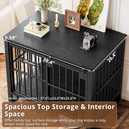 31.5" Tall Dog Crate Furniture with Sliding Barn Door, Black, view 8