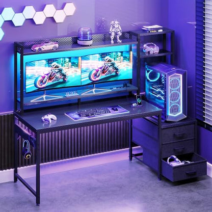 55 Inch Gaming Desk with Hutch & LED Lights & PC Tower Stand, view 3