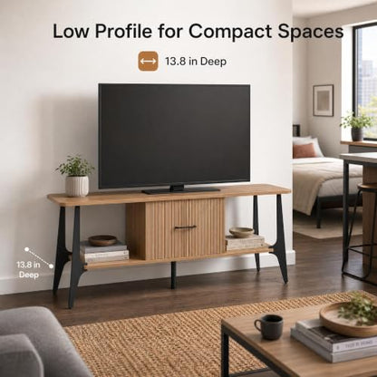 Modern TV Stand, Fluted Media Console with Storage, Open Shelves, Oak, view 6