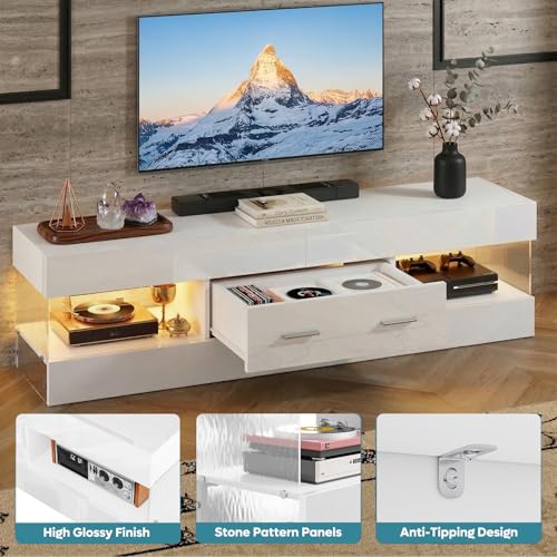 60 Inch White Modern TV Stand, LED Entertainment Center Console, view 5