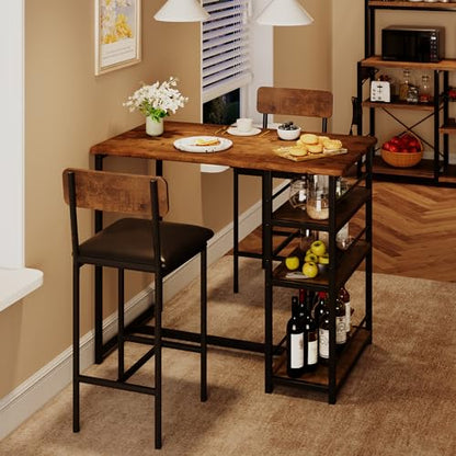 Dining Table Set for 2 with 3 Storage Shelves, 3-Piece Counter Height Kitchen Table Set with 2 Upholstered Bar Stools, Bar Table and Chairs Set for Small Space, Brown