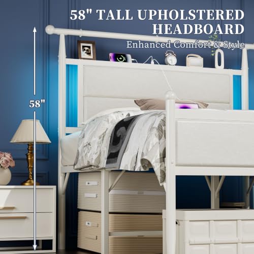 Full Size Metal Bed Frame with Upholstered Headboard and Led Lights, White, view 5
