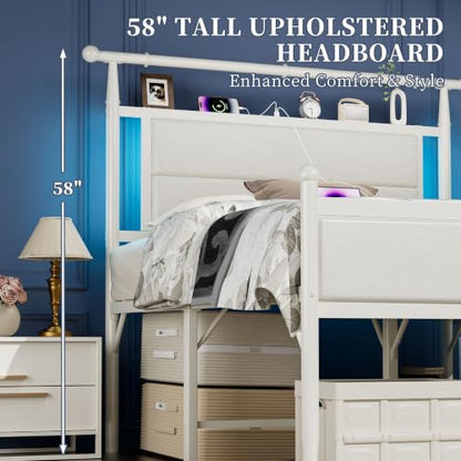 Full Size Metal Bed Frame with Upholstered Headboard and Led Lights, White, view 5