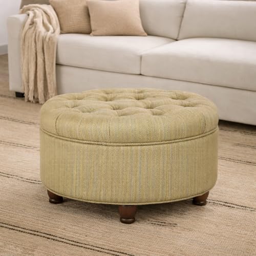 25" Button Tufted Round Storage Ottoman - Tan & Cream Tweed