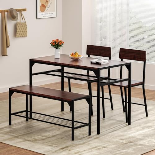 Kitchen Table Chairs Set of 4, Dining Table Set for 4 with Bench and Chairs, 4 Pieces Kitchen Table Set with Storage Rack & Metal Frame for Small Space, Dark Walnut
