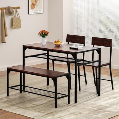 Kitchen Table Chairs Set of 4, Dining Table Set for 4 with Bench and Chairs, 4 Pieces Kitchen Table Set with Storage Rack & Metal Frame for Small Space, Dark Walnut