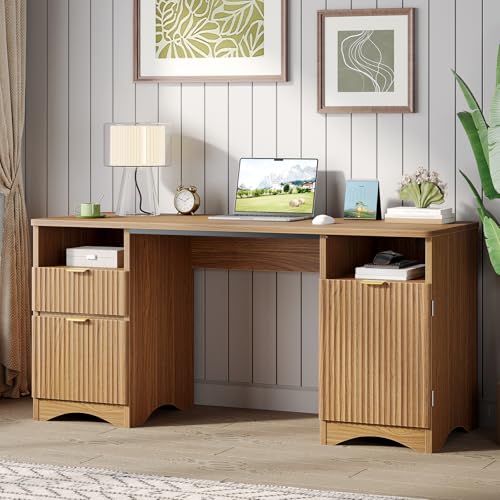 59 inch Office Desk with 2 Drawer, Computer Desk with File Cabinet & 2 Open Storage, Modern Fluted Wood Desk for Home Office Bedroom Study, Natual Oak