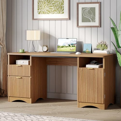 59 inch Office Desk with 2 Drawer, Computer Desk with File Cabinet & 2 Open Storage, Modern Fluted Wood Desk for Home Office Bedroom Study, Natual Oak
