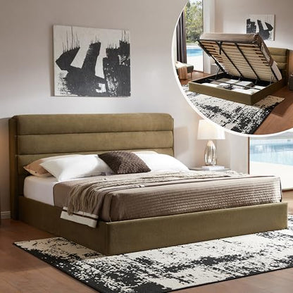 King Size Lift Up Storage Bed, Linen Upholstered Platform Bed, Green, view 2
