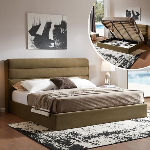 King Size Lift Up Storage Bed, Linen Upholstered Platform Bed, Green, view 2
