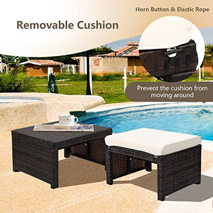 2 Piece Outdoor Wicker Ottomans, Patio Rattan Footstool with Cushions, Solid Steel Frame, Multifunctional Ottomans for Poolside Backyard Balcony