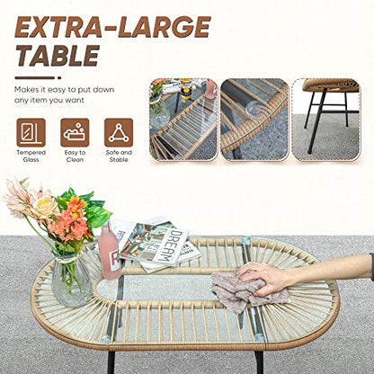 Outdoor Patio Furniture Set, Outdoor Sectional Conversation Rope Woven L-Shaped Sofa Set with Patio Table and Thick Cushions for Backyard Porch Balcony Garden, White