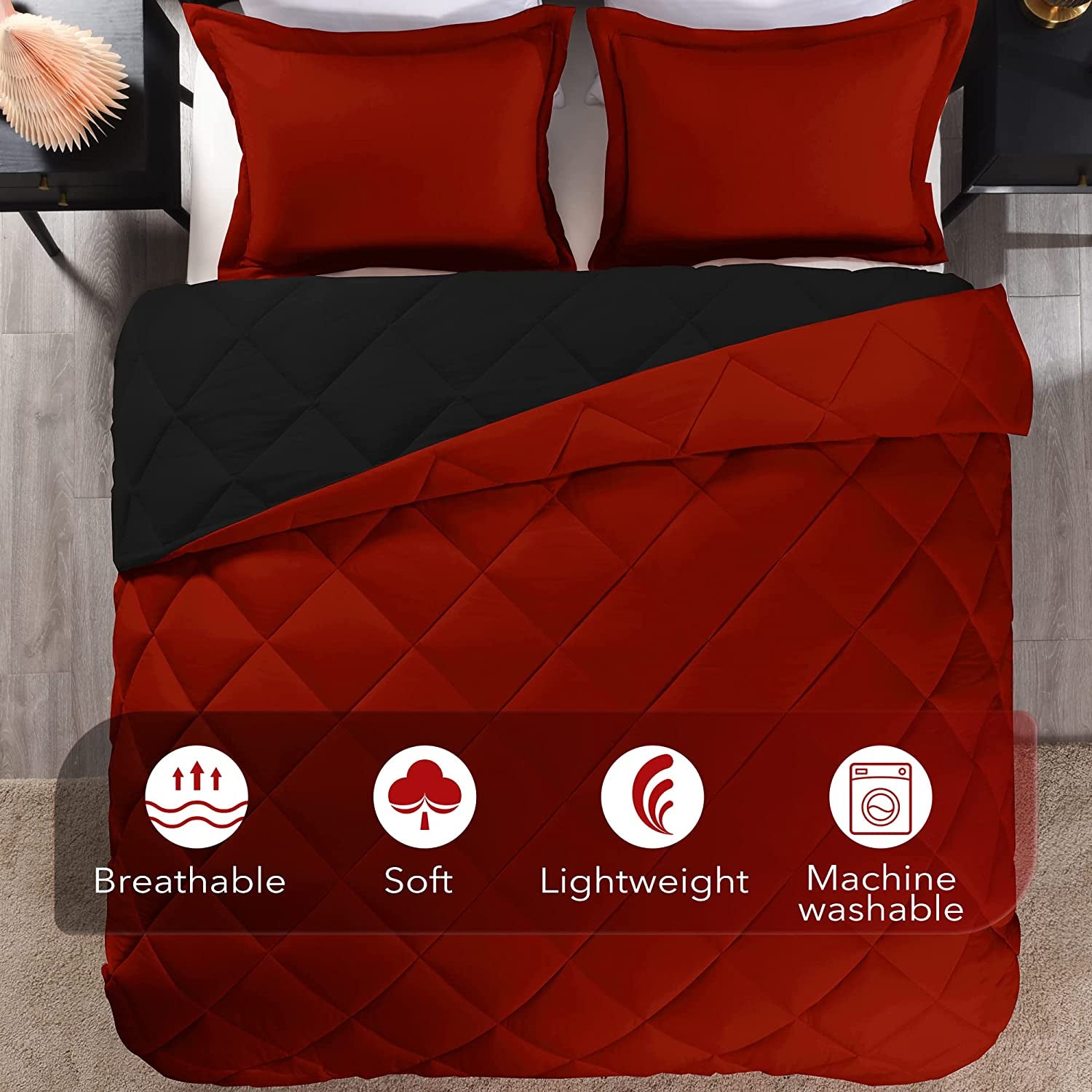 King Size Comforter Set - Red and Black King Comforter, Soft Bedding Sets for All Seasons - 3 Pieces - 1 Comforter (104"X92") and 2 Pillow Shams(20"X36")