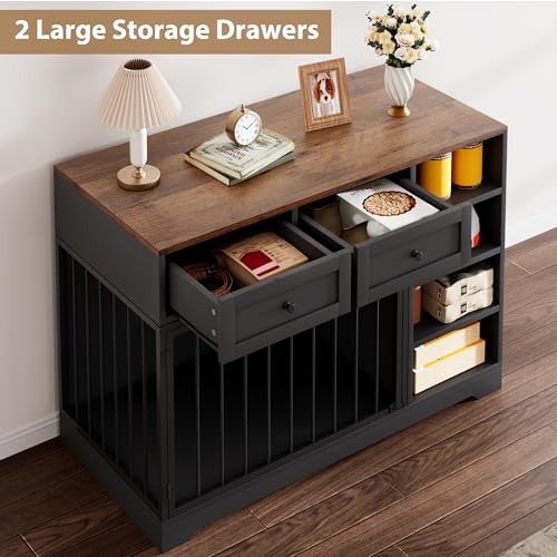 47" Dog Crate Furniture with Drawers and Open Shelves, Black, view 7