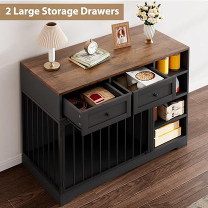 47" Dog Crate Furniture with Drawers and Open Shelves, Black, view 7
