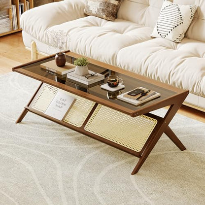 Rattan Coffee Table with Glass Top Mid-Century Modern Center Table with Storage for Living Room Table Brown