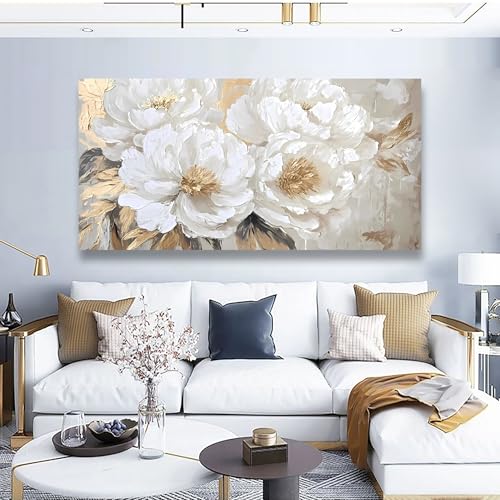 Platinum Peony Picture Print Canvas Wall Art Living Room Office Bedroom Wall Decor Floral Wall Art Prints Modern Gold White Landscape Artwork Waterproof Ready to Hang - 20x40 inches